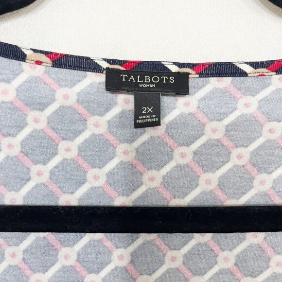 Talbots Navy Blue Trellis Dot Print Surplice Long Sleeve Top V-Neck - Size 2X - Picture 4 of 7
